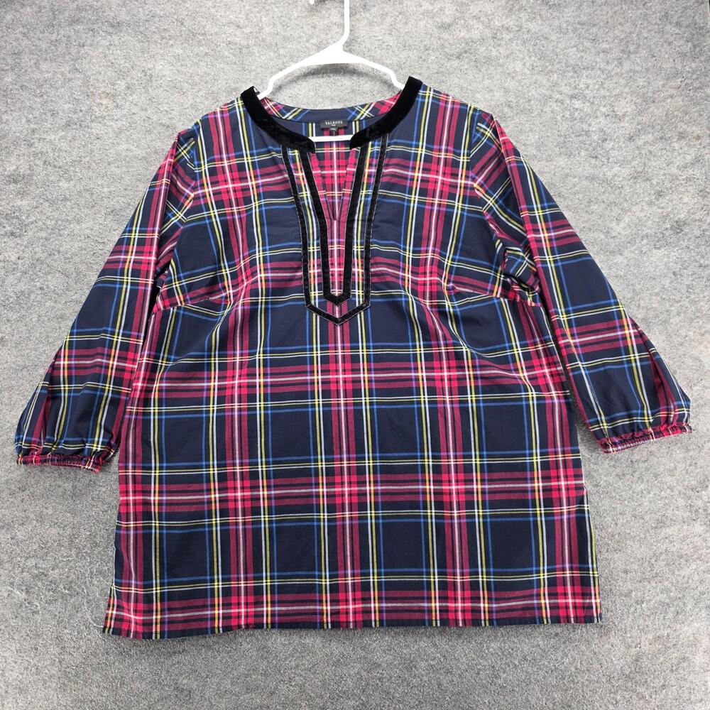 Talbots Blouse Tunic Womens 1X Blue Plaid 3/4 Sleeve Round Neck Cotton